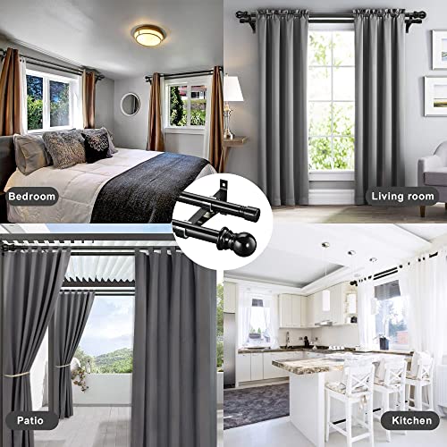 Double Curtain Rod, 1 Inch Heavy Duty Rust-Resistant Metal Dual Rod Set, Snap-On Bracket, Adjustable Segmented Design with Ball Finials, Black Curtain Rods for Windows 34-38 Inch