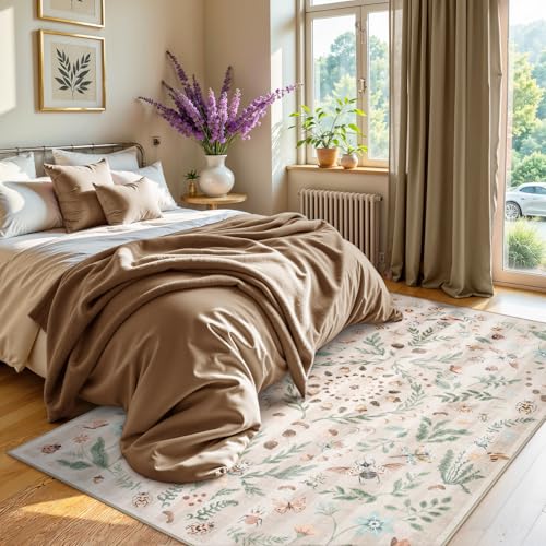 Lahome Washable Insect Botanical 5x7 Area Rugs for Nursery - Machine Washable Non-Slip Beige Bedroom Rug, Boho Low Profile Soft Faux Wool Carpet for Living Room Laundry Playroom Dining Room