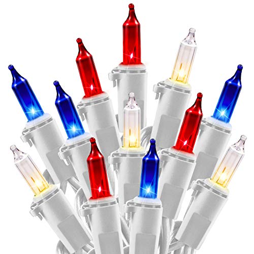 4th of July Decoration Patriotic Mini Lights - 100 Count 20 Feet Red White Blue Incandescent Bulb Waterproof String Lights Plug in for Indoor Outdoor Christmas Party Patio Independence Day Decoration
