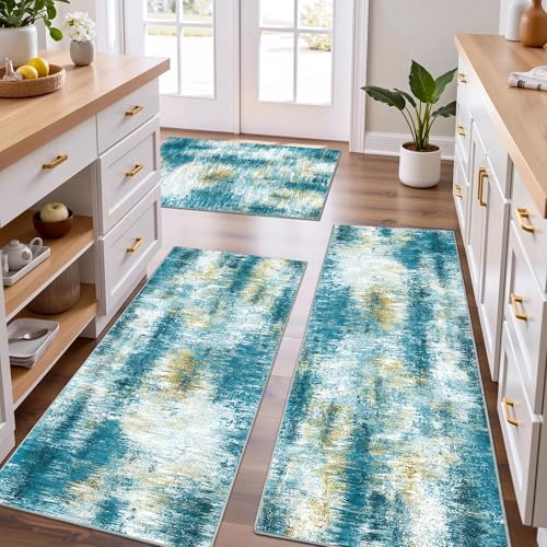 Upgrade Non Slip Kitchen Rugs Sets of 3 Washable Kitchen Mats for Floor Abstract Kitchen Runner Rug Ultra Soft Floor Mat Set Kitchen Carpet Rugs for Hallway, Laundry, Entryway, Office, Teal