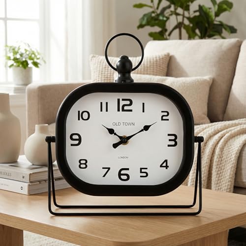 Vintage Metal Table Clock - 9.8" Retro Silent Non-Ticking Desk Clock with Pocket Watch Style Loop - Battery Operated Decorative Shelf Clock for Farmhouse Living Room, Bedroom, Office (Black)