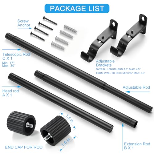 Curtain Rods for Windows 16 to 48 Inch, Curtain Rod Max Adjustable Length of 60 in, 1" Diameter Drapery Rod with Cylindrical Finials, Black 1 Pack