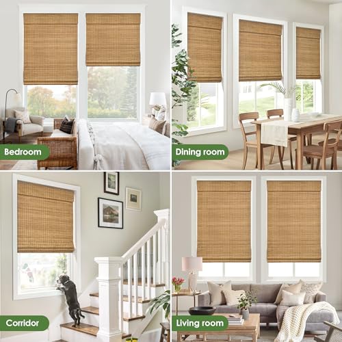 LazBlinds Cordless Bamboo Roman Shades, Privacy Blinds for Interior Windows, Room Darkening Roll Up Bamboo Blinds for Home & Patio, 34" W x 64" H, Highfield Teak