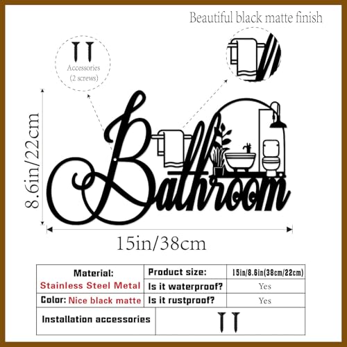 Black Metal Bathroom Wall Decor, Farmhouse Funny Bathroom Sign for Modern Home Hanging Decorations, Metal Bath Art （15 X 8.6in）