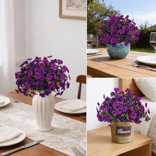12 Piece Outdoor Artificial Flowers Fake Pansies -Two-Tone Faux Flowers per Stem, UV Resistant for Indoor Outdoor Porch Garden Planters Patio Window Box Home Decor(Purplish Red)