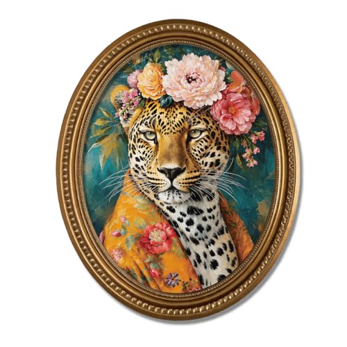 Regal Leopard Oval Wall Decor, Maximalist Leopard Oil Painting Style Wood Wall Art, Exotic Wildlife Wood Ornament for Desk Living Room Bedroom, 11.2 x 9 Inch