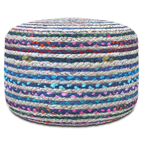 SIMPLIHOME Margo Round Pouf 20 in Wide Handwoven Jute and Cotton Braided Ottoman in Multi-Blue, Boho-Style Footstool or Extra Seating for Living Room with Polystyrene Bead Filling, Assembled