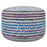 SIMPLIHOME Margo Round Pouf 20 in Wide Handwoven Jute and Cotton Braided Ottoman in Multi-Blue, Boho-Style Footstool or Extra Seating for Living Room with Polystyrene Bead Filling, Assembled
