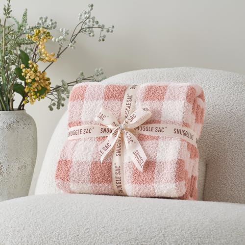 Snuggle Sac Checkered Throw Blanket for Couch, Super Soft, Cozy Warm Knit Decorative Blankets, Reversible Plaid Fluffy Throws for Sofa, Bed, Plaid Pink, 50x60 Inches