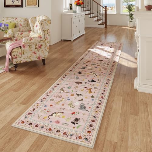 Rugcomf Runner Rug 2x10 Washable Non Slip Floral Animal Cat, Pink