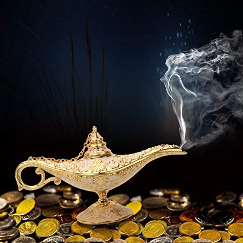 K COOL Classic Aladding Magic Genie Lamp Legend Wishing Light Costume Lamp Metal Carved Cone Incense Burner for Home Tabletop Decoration Party Birthday Halloween Christmas(Beige)