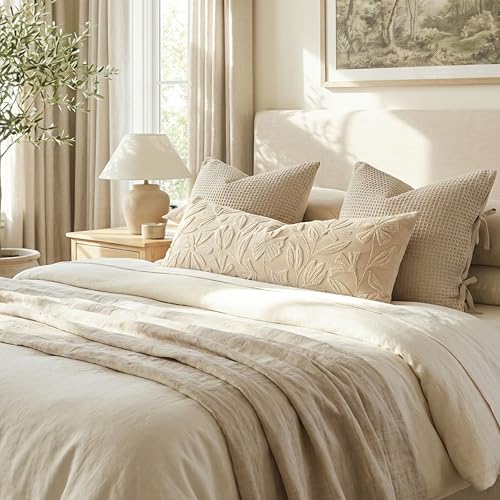 BlissBlush 14x36 Lumbar Pillow Cover for Bed, Rectangular Decorative Long Throw Pillowcase, Embroidered Farmhouse Accent Cushion, Beige Neutral Floral Tufted (Cover Only)