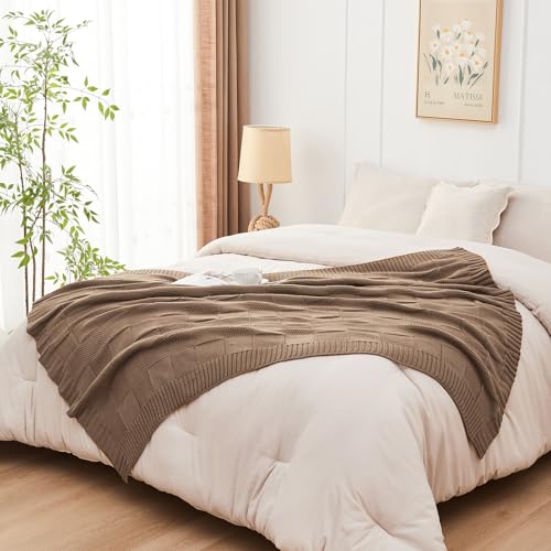 CozeCube Check Knit Throw Blanket, Light Brown Checkered Throw for Couch, Decorative Christmas Soft Cozy Warm Knitted Blanket for Bed Sofa Living Room, 50"X60"