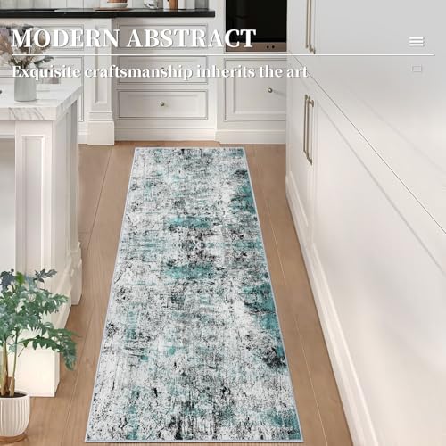 2x6 Runner Rugs for Hallway Kitchen, Modern Abstract Washable Teal