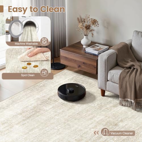 9x12 Area Rug for Living Room, Abstract Washable Carpet, Pale Beige