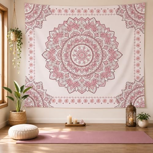 Atrippy Boho Pink Mandala Wall Tapestry for Bedroom, White and Pink Aesthetic Tapestry Room Decor for Teen Girls, Art Floral Wall Hanging for College Dorm (51''x60'')