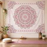 Atrippy Boho Pink Mandala Wall Tapestry for Bedroom, White and Pink Aesthetic Tapestry Room Decor for Teen Girls, Art Floral Wall Hanging for College Dorm (51''x60'')