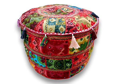 Indian Embroidered Patchwork Ottoman Cover,Indian Decorative Pouf Ottoman,Indian Comfortable Floor Cotton Cushion Ottoman Pouf,Indian Home Decorative Handmade Vintage Pouf Ottoman (Cover Only) (Red)