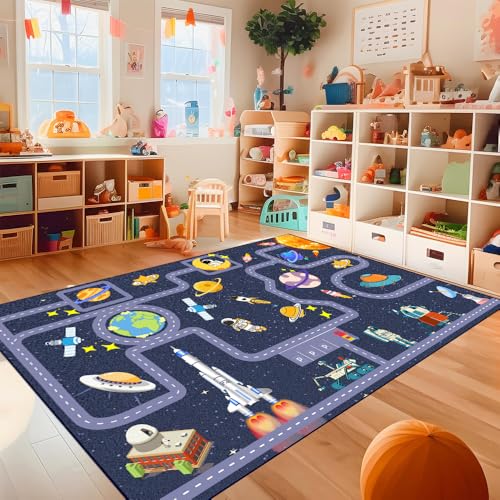 Outer Space Kid Rug，Boys Car Rug for Kids Toy Cars Have Fun Safely, Non-Slip Educational City Road Rugs Carpets for Kid Room Bedroom（47×31 in