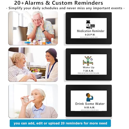 Véfaîî Digital Clock with Day Date 1280 * 800P HD, 19 Alarms Custom Reminders, 10 Levels Auto Dimmer Dementia Clock, 8 Display Colors, Auto DST, Remote & Buttons Control Easy for Elderly