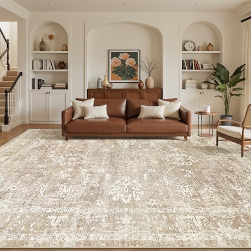 Madane 8x10 Area Rugs for Living Room, Machine Washable Vintage Neutral Rug with Non-Slip Backing, Soft Large Throw Rug, Thin Carpet for Bedroom Dining Room Farmhouse (8 x 10, Beige/Brown)