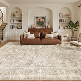 Madane 8x10 Area Rugs for Living Room, Machine Washable Vintage Neutral Rug with Non-Slip Backing, Soft Large Throw Rug, Thin Carpet for Bedroom Dining Room Farmhouse (8 x 10, Beige/Brown)