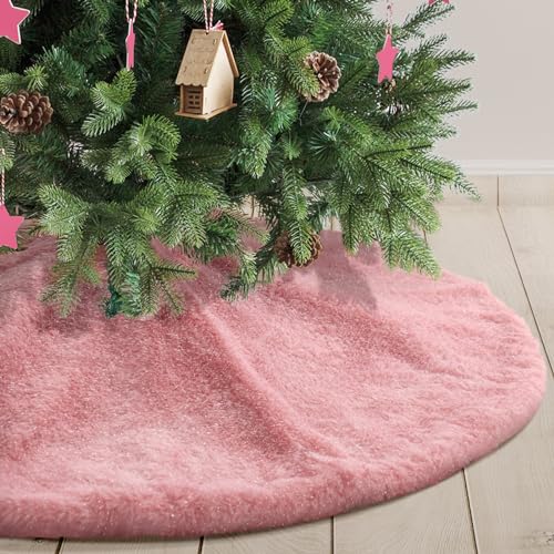 Pink Plush Christmas Tree Skirt 30 Inches Faux Fur Xmas Tree Skirt Base Cover Mat with Shiny Streamers for Christmas Tree Holiday Home Party Decorations - 78cm