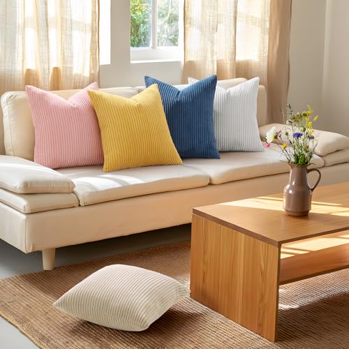 Mecatny Corduroy Summer Decorative Throw Pillow Covers 18x18 Set of 2 for Sofa Living Room, Soft Neutral Boho Couch Pillow Covers for Home Decor, Cream White