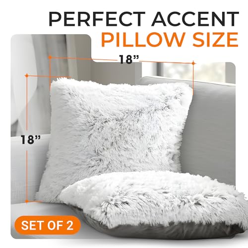 Cheer Collection Throw Pillows for Couch and Bed, Soft Shaggy Throw Pillows with Inserts Included, Cozy Long Hair Faux Fur Pillows - Set of 2-18" x 18" - Gray