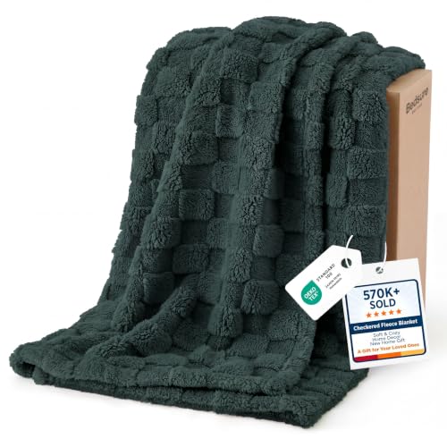 Bedsure Checkered Fleece Throw Blankets for Bed/Couch, Green,50"×70"