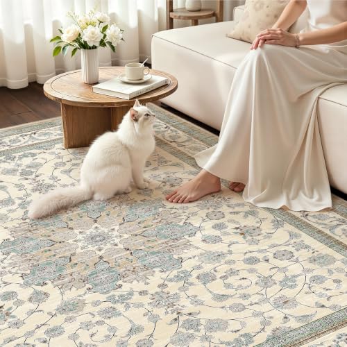 5x7 Washable Area Rug, Non Slip Living Room Rugs Distressed Boho Floral Rug, Soft Low Pile Indoor Carpet for Bedroom, Dining Room, Home Office, Cream Blue