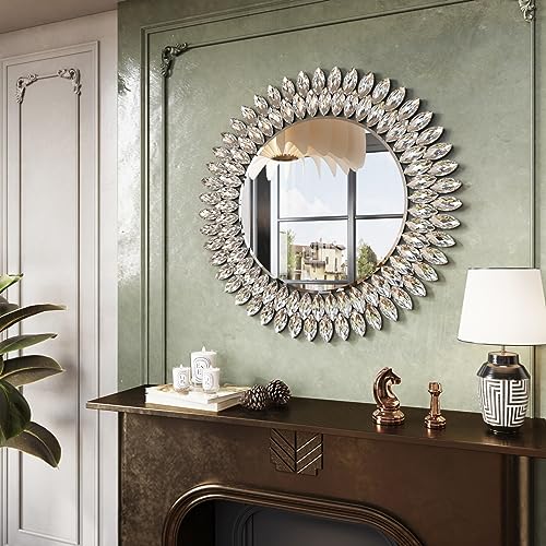 Kelly Miller 26" Jeweled Luxury Round Decorative Wall Mirror | Elegant diamond beveled vanity mirror. Perfect wall mirror for living room, bedroom, entryway.