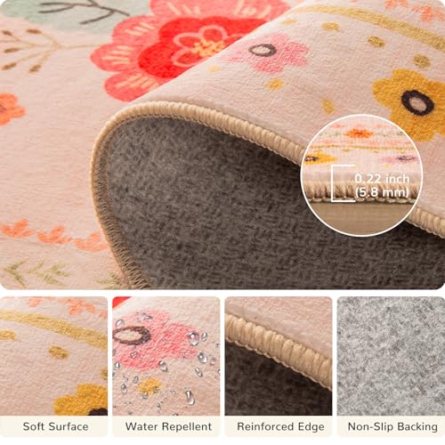 5x7 Area Rugs for Living Room Vacuum-Friendly Machine Washable Area Rug Flower Floral Printed Pattern Low Pile Non-Slip Carpet for Bedroom Hallway Entryway, Pink Beige