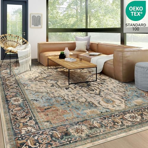 Washable 6x9 Area Rug, Blue Vintage Floral Non-Slip for Living Room Bedroom