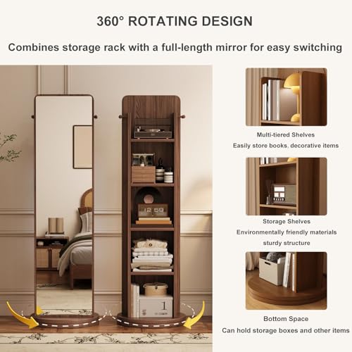 360° Rotating Full-Length Mirror with 4-Tier Bookcase, 3-in-1 Floor Dressing Mirror, Coat Rack & Magazine Holder for Bedroom, Living Room, Study Room Decor