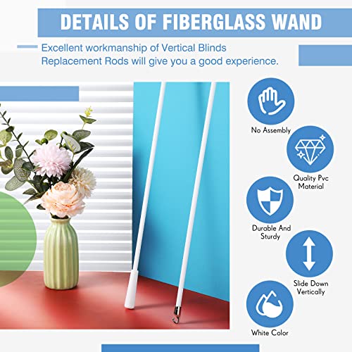 Bokon 2 Pieces White Fiberglass Blind Wand Vertical Blinds Stick Replacement with Hook and Handle for Window Opener Accessory(24 Inch)