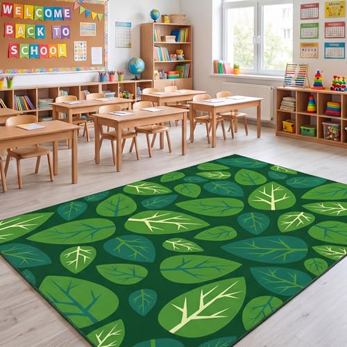 Frienda 13 x7.5 ft Large Classroom Rug for Back to School Decor Green Leaves Rug Non Slip Carpet Soft Nylon Learning Rugs for Reading Corner Circle Time School Classroom Decor
