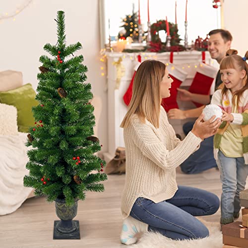 Maylaviu 4FT Artificial Potted Christmas Tree with Lights, Pre-lit Mini Christmas Tree with 50 LED Lights, Small Fake Spruce Tree with 140 Branch Tips, Pine Cones&Red Berries, Battery Operated
