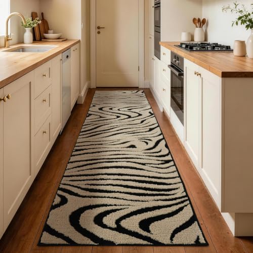 Zebra Runner Rugs 2x8: Black and Beige Washable Hallway Rug