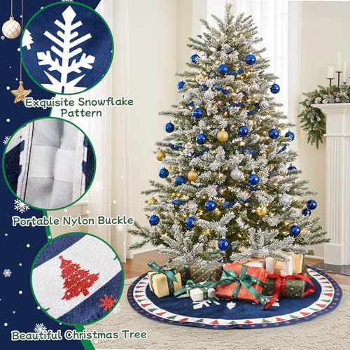 MACTING Christmas Tree Skirt, 30 Inch Round Blue Polyester Christmas Tree Skirts with Big Snowflake and Christmas Tree Printed for Holiday Party Rustic Xmas Tree Decoration