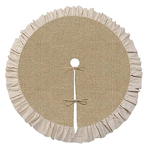 Summer Burlap Tree Skirt 48'', Large Tree Skirt with Ruffle Border, Rustic Farmhouse Decorations Tree Ornaments, Brown Linen Tree Mat for Wedding Boho Coastal Holiday Party Decor