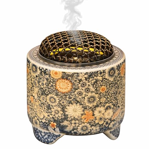 Ceramic Holder Electric Incense Burner Blue & White Porcelain Built-in LED Lights Simulate Flames, Classical, Elegant and High-end Top Hollow Design