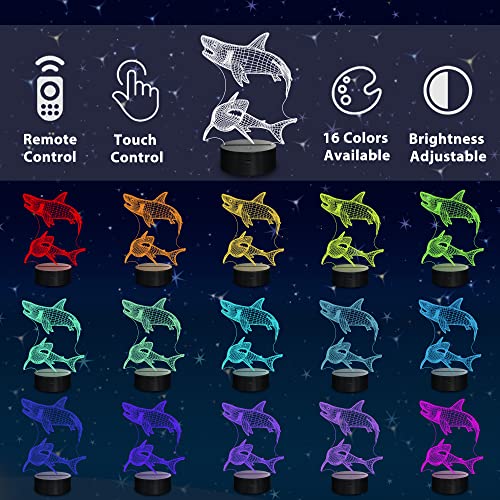 Lampeez Shark Gifts for Boys – Kids Shark Night Light 3D Optical Illusion Lamp with 16 Colors & Remote Control, Cool Shark for Boys Girls Birthday