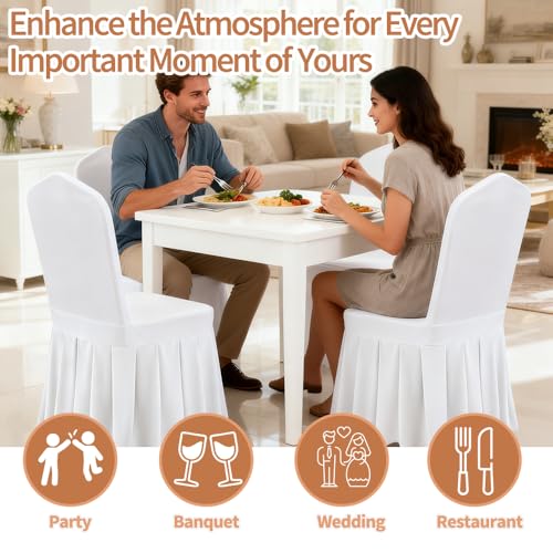 Yahpetes Chair Covers 1 Pcs Pleated Skirt Spandex Chair Cover Stretch Slipcover White Washable Fitted Chair Protector Cover for Dorm, Dining Room, Hotel, Ceremony (White, 1 Pcs)