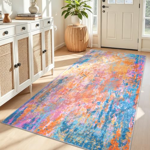 Entryway Rug 3x6 Rainbow Bedroom Area Rug Washable Non Slip Abstract Boho Rugs for Indoor Entry, Kitchen, Classroom, Bathroom, Kids Girls Room, Office, College Dorm Small Carpet
