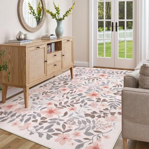 Lahome Apricot Girls Bedroom Nursery Rug, 5x7 Fall Floral Boho Area Rug