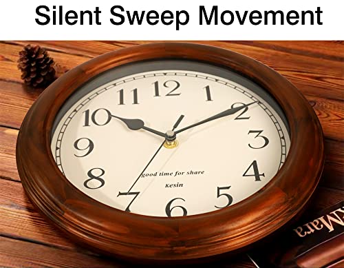 Wooden Wall Clock with Retro Design, 11 Inches Round Wall Clocks Battery Operated Silent Non-Ticking, Big Arabic Numerals, for Kitchen Living Room Classroom Gym and Pool, Brown