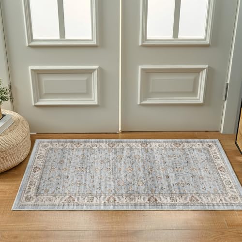 Runner Rug 2x4 Vintage Floral Small Rugs Door Mat, Gray/Light Blue