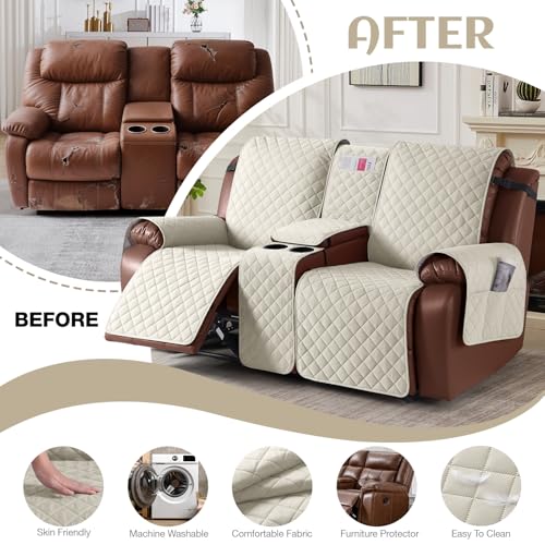KinCam 100% Waterproof Recliner Loveseat Cover with Console X1, Recliner Couch Covers X1, Recliner Chair Covers X1(Ivory)