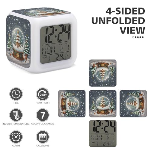 Christmas Snow Globe Alarm Clock Sound Machine with 7 Color Changing Night Light Wake Up Digital Clock Large LED Display Number Alarm Clocks Home Office Bedroom Decor